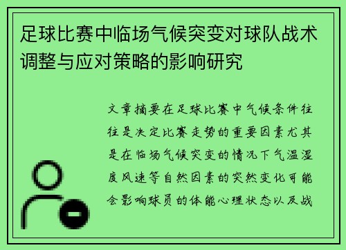 足球比赛中临场气候突变对球队战术调整与应对策略的影响研究