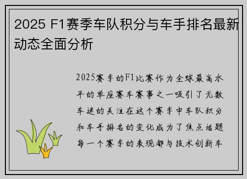 2025 F1赛季车队积分与车手排名最新动态全面分析
