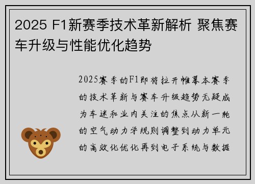 2025 F1新赛季技术革新解析 聚焦赛车升级与性能优化趋势